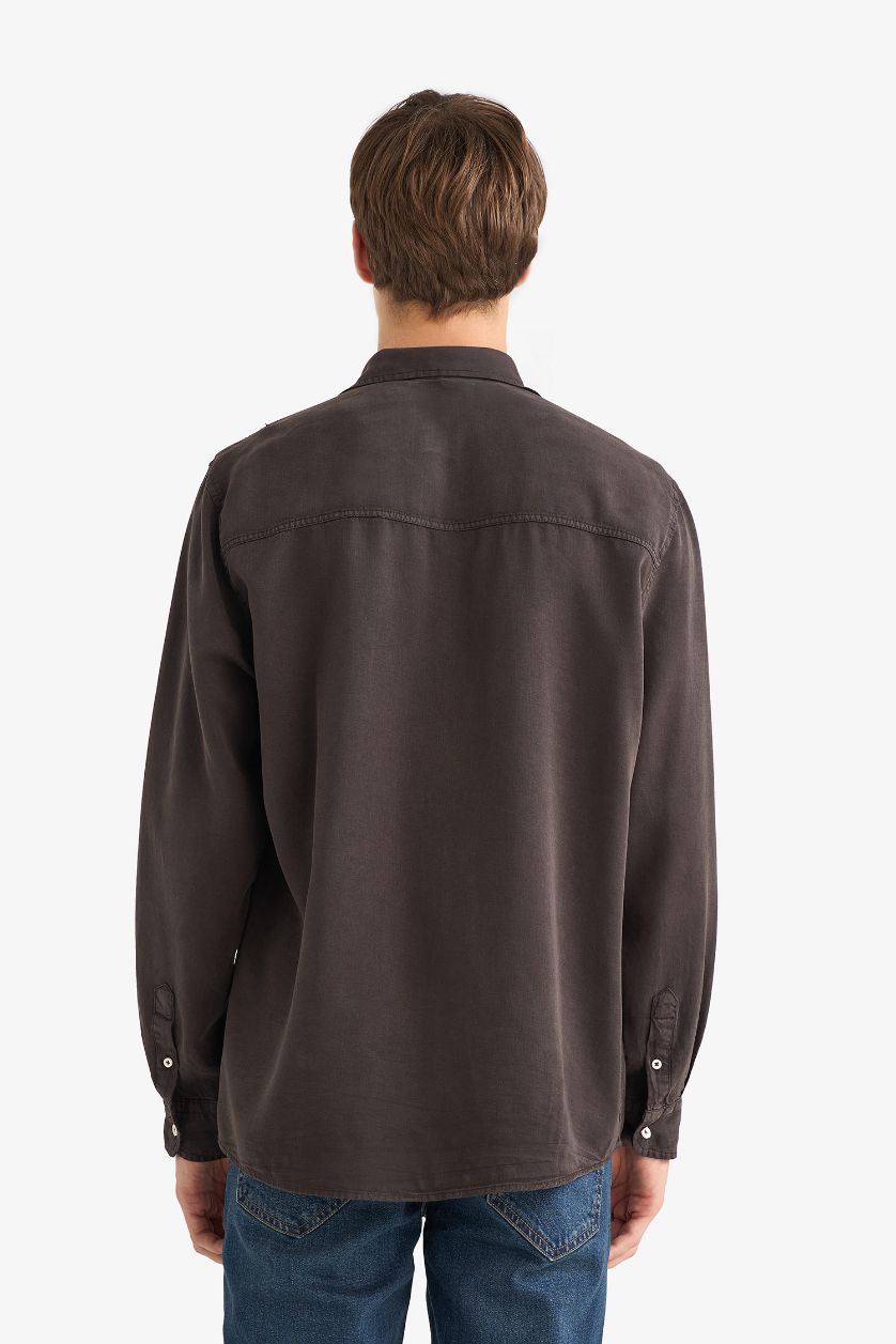 Man Dark Brown Regular Fit Twill Long Sleeve Shirt