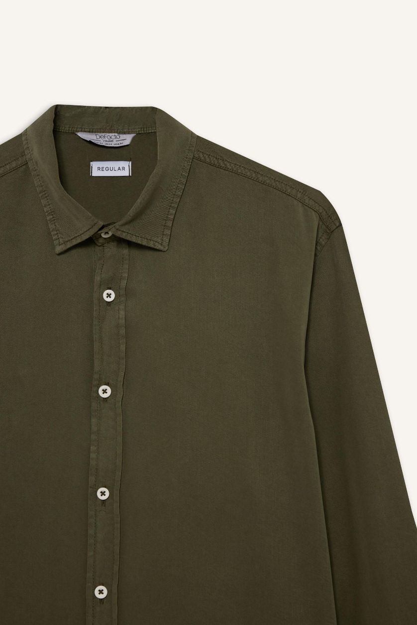 رجال كاكي داكن قميص ردن طويل تويل قصة عادية