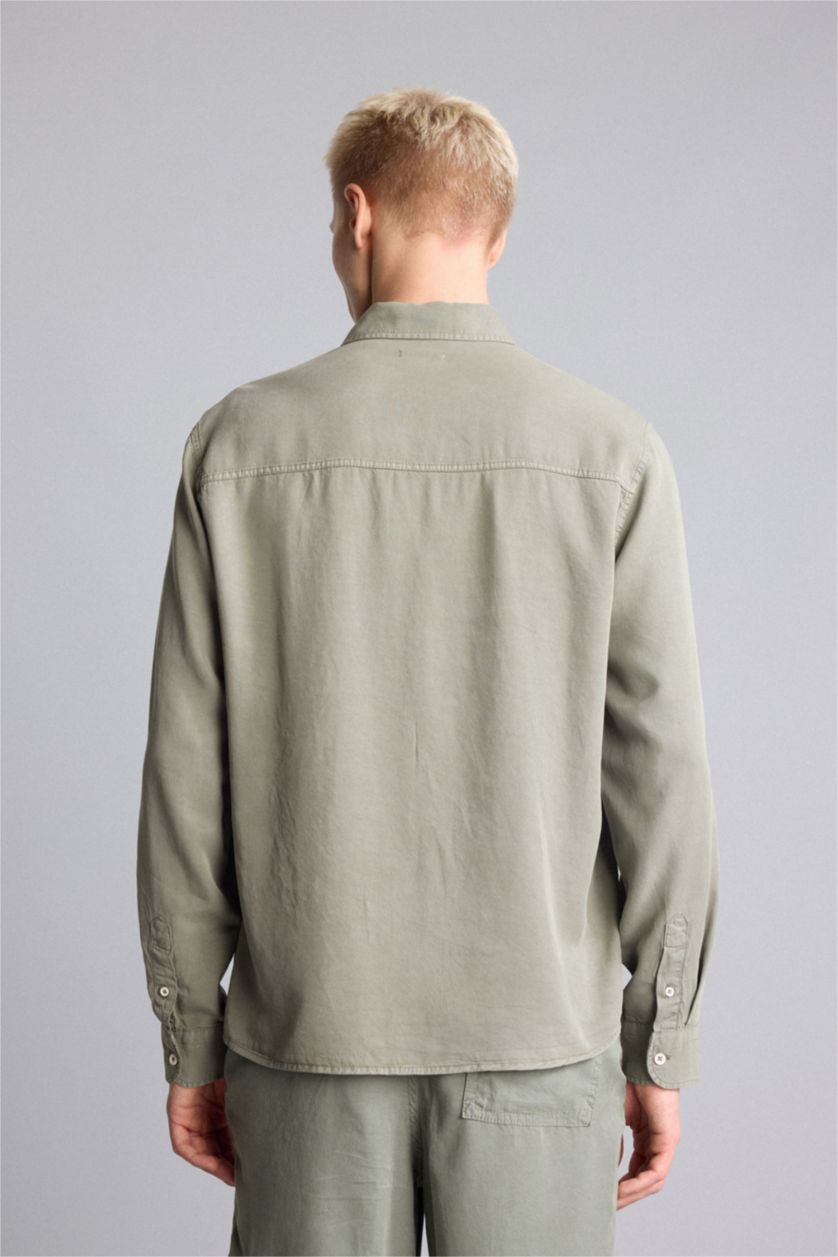 Men Light Khaki Regular Fit Twill Long Sleeve Shirt