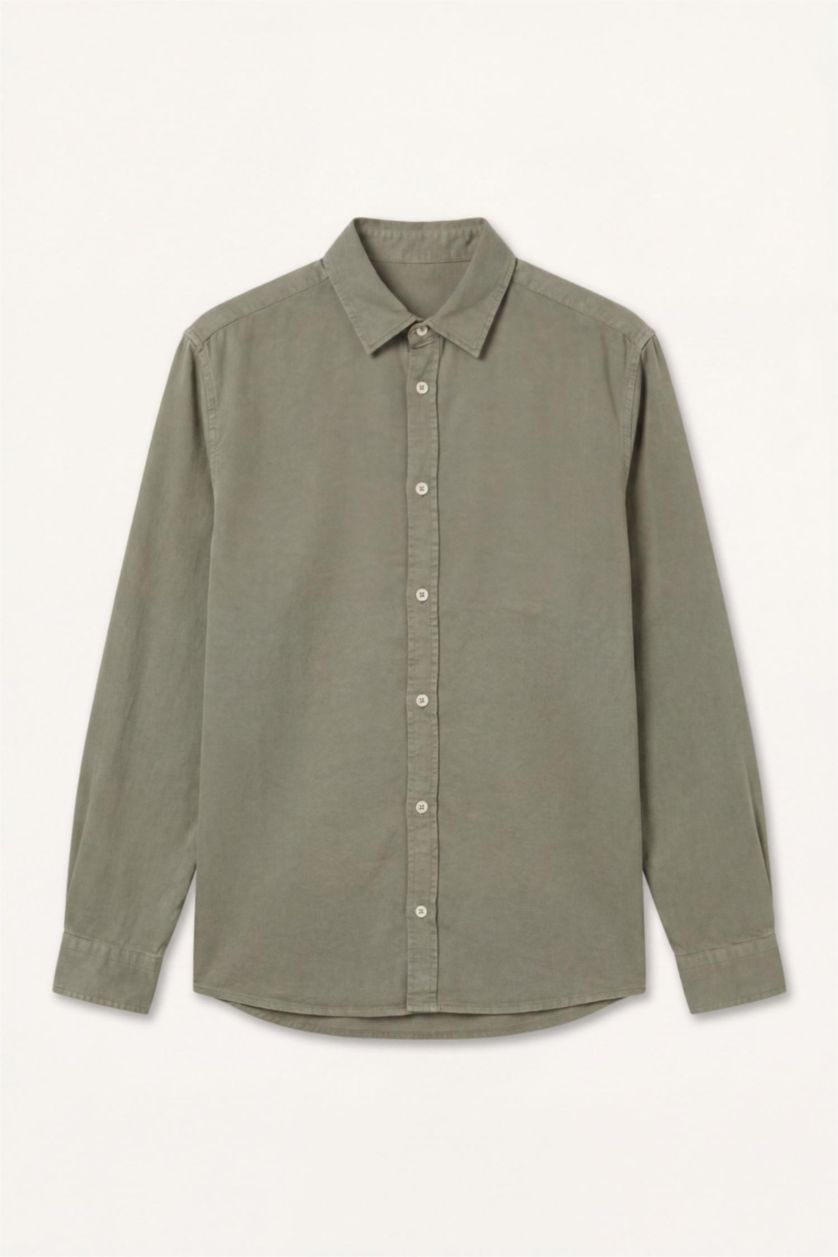 Men Light Khaki Regular Fit Twill Long Sleeve Shirt