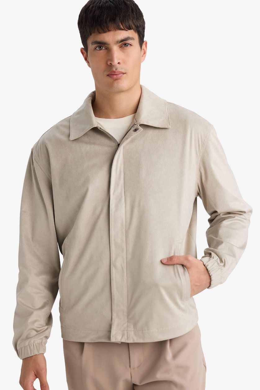 رجال اللون الحجري جاكيت سليم فيت وياخة بولو