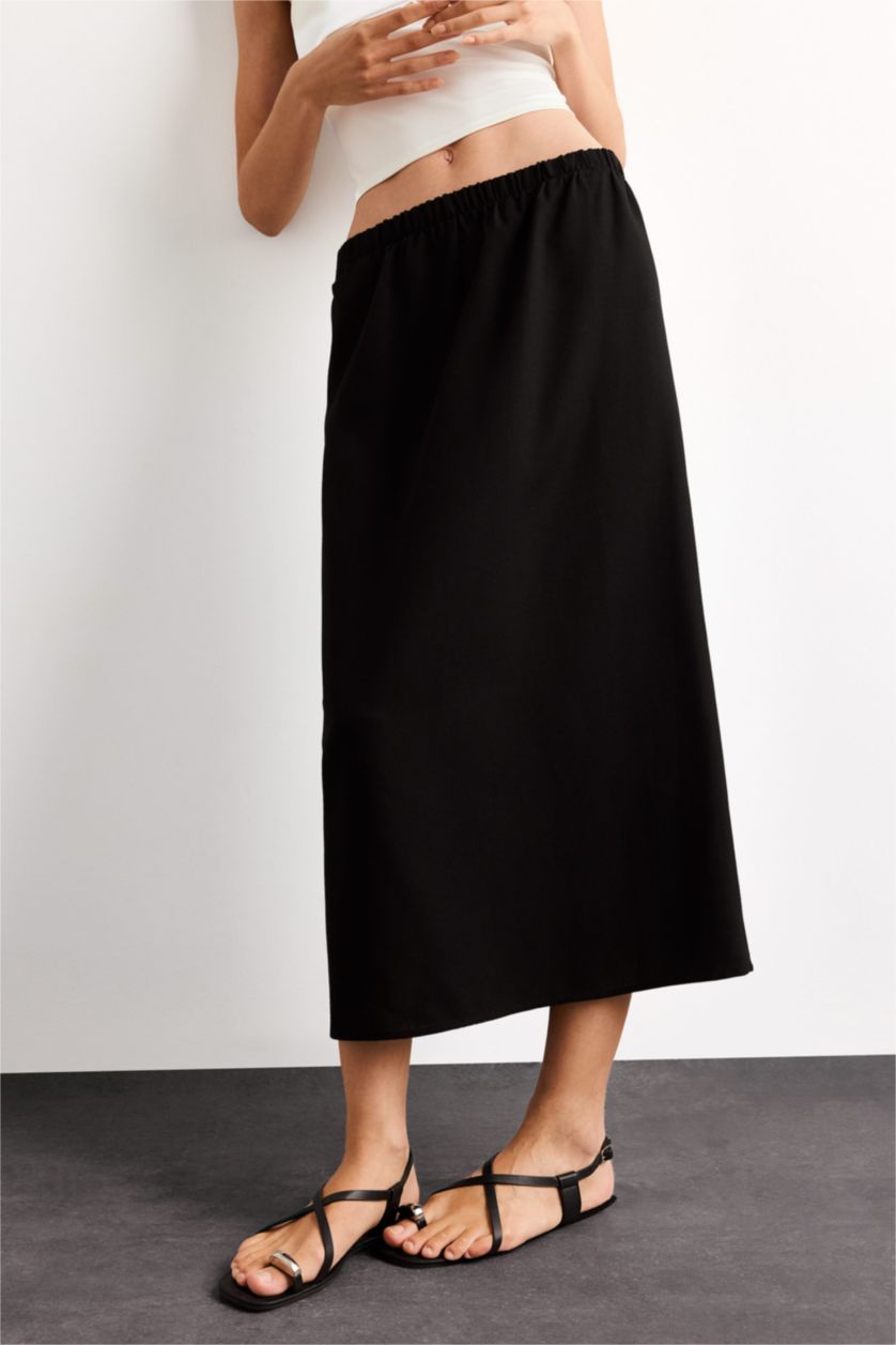 Woman Black Relax Fit Woven Elastic Band Skirt