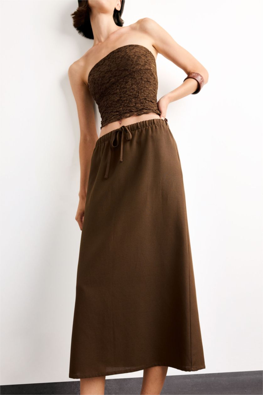 Woman Brown Relax Fit Woven Elastic Band Skirt