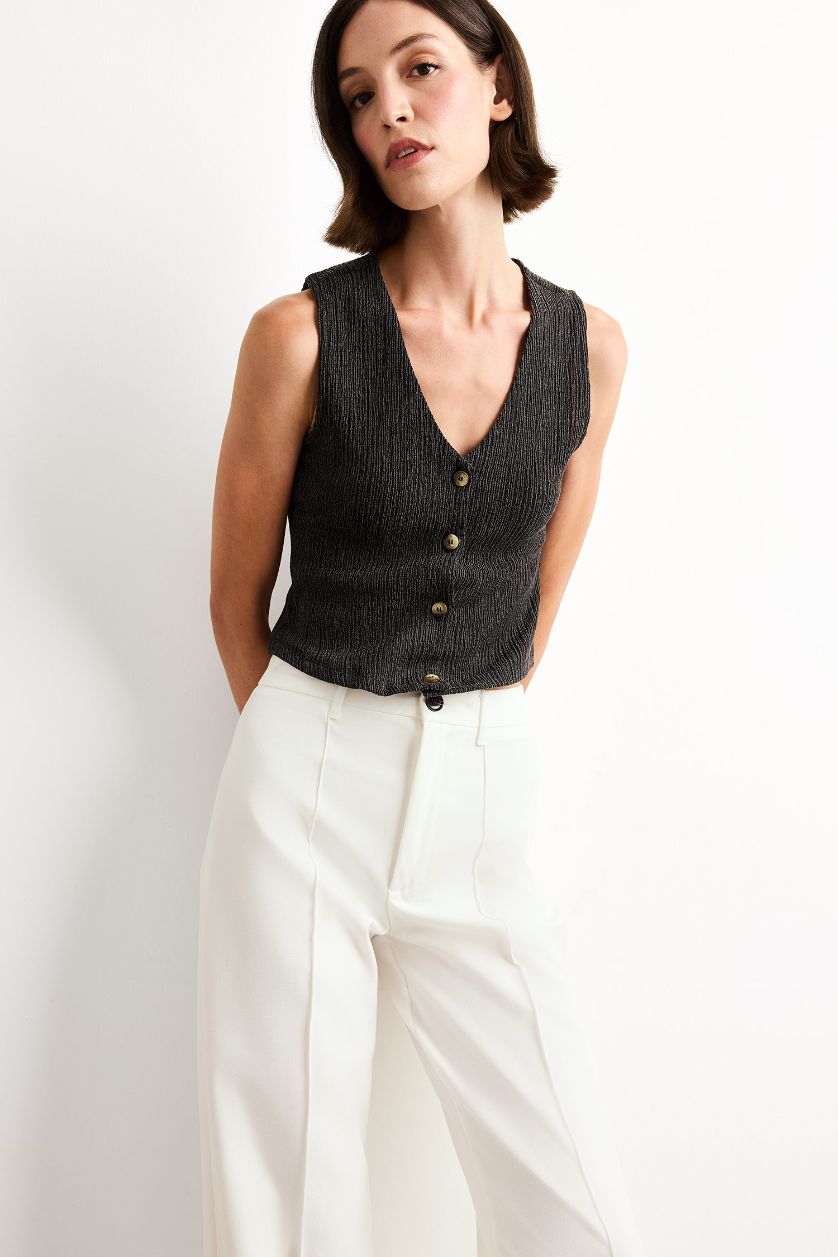 Kadın Açık Antrasit Fitted V Yaka Bürümcük Düğmeli Kolsuz Bluz