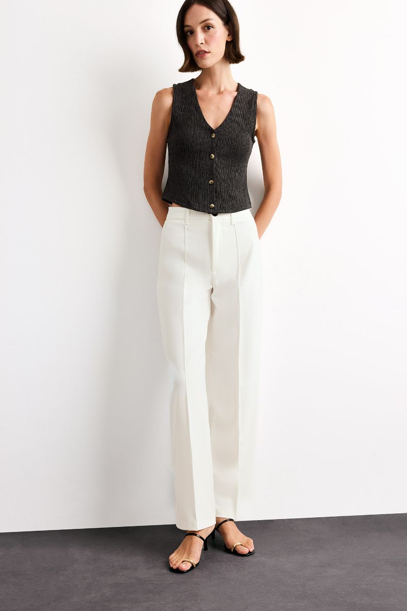 Kadın Açık Antrasit Fitted V Yaka Bürümcük Düğmeli Kolsuz Bluz