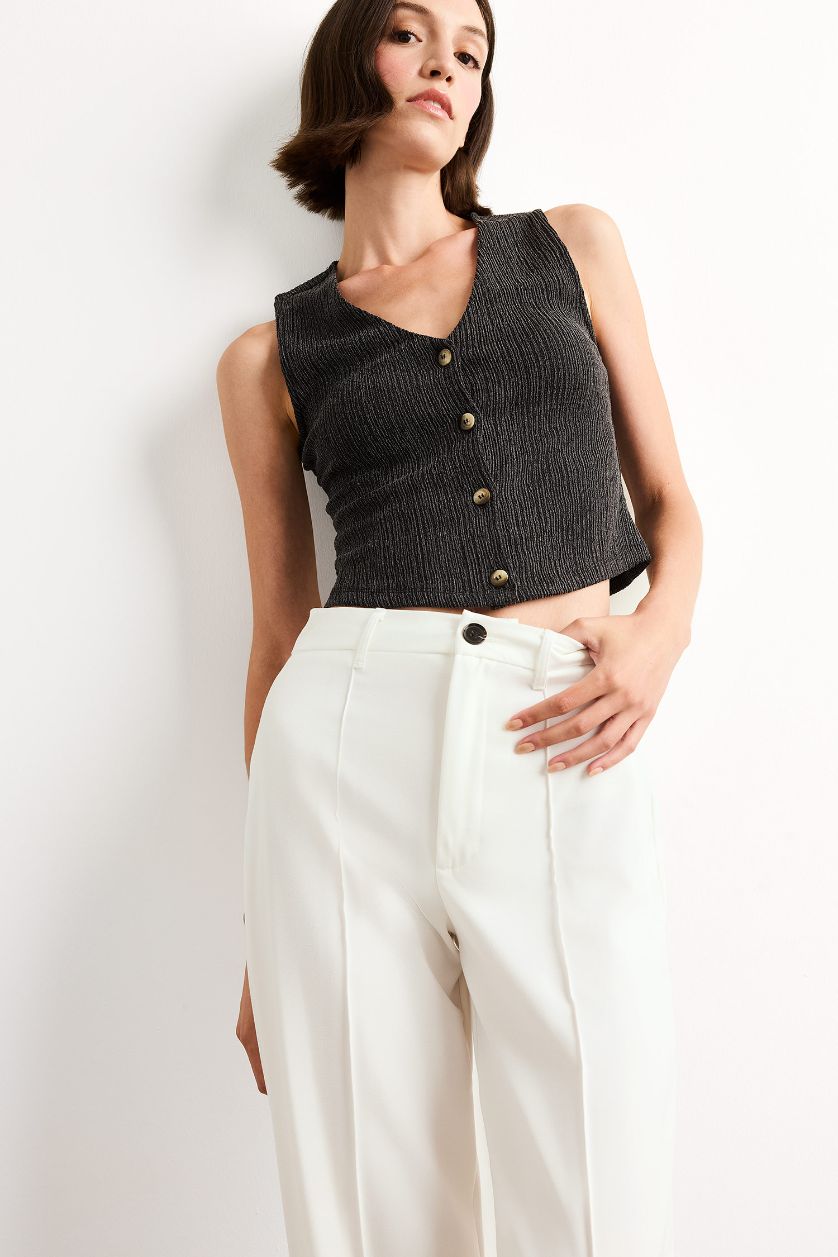 Kadın Açık Antrasit Fitted V Yaka Bürümcük Düğmeli Kolsuz Bluz