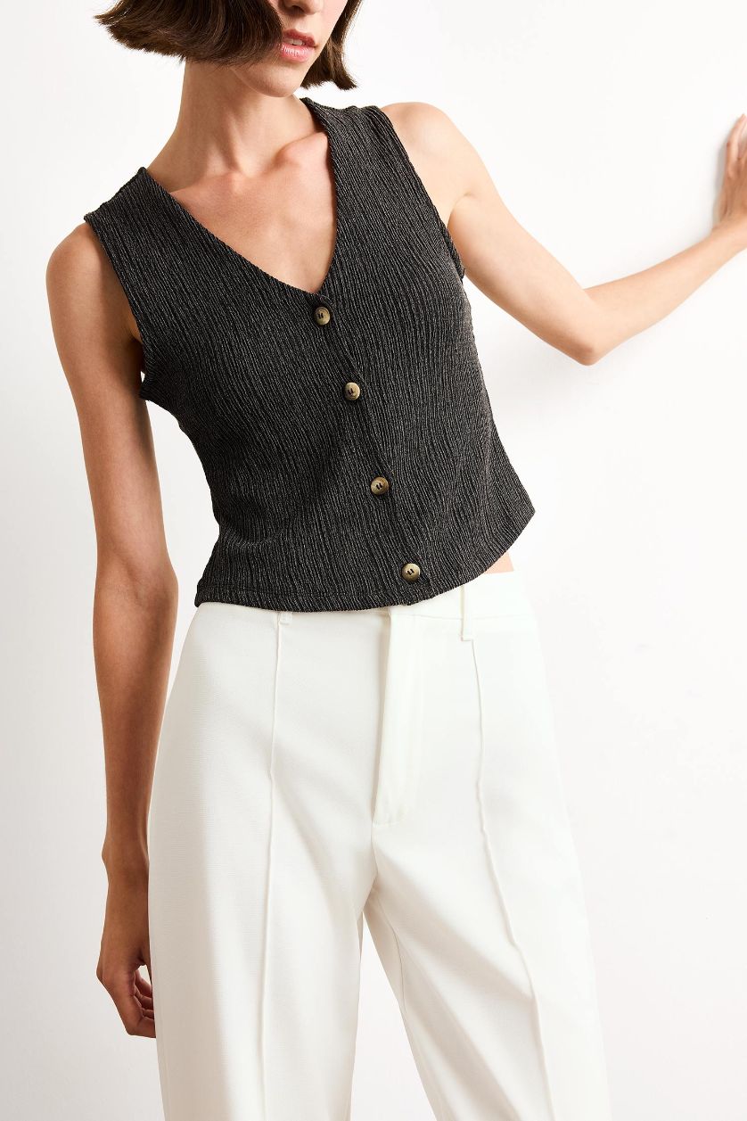 Kadın Açık Antrasit Fitted V Yaka Bürümcük Düğmeli Kolsuz Bluz