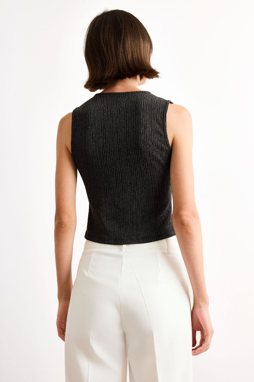 Kadın Açık Antrasit Fitted V Yaka Bürümcük Düğmeli Kolsuz Bluz