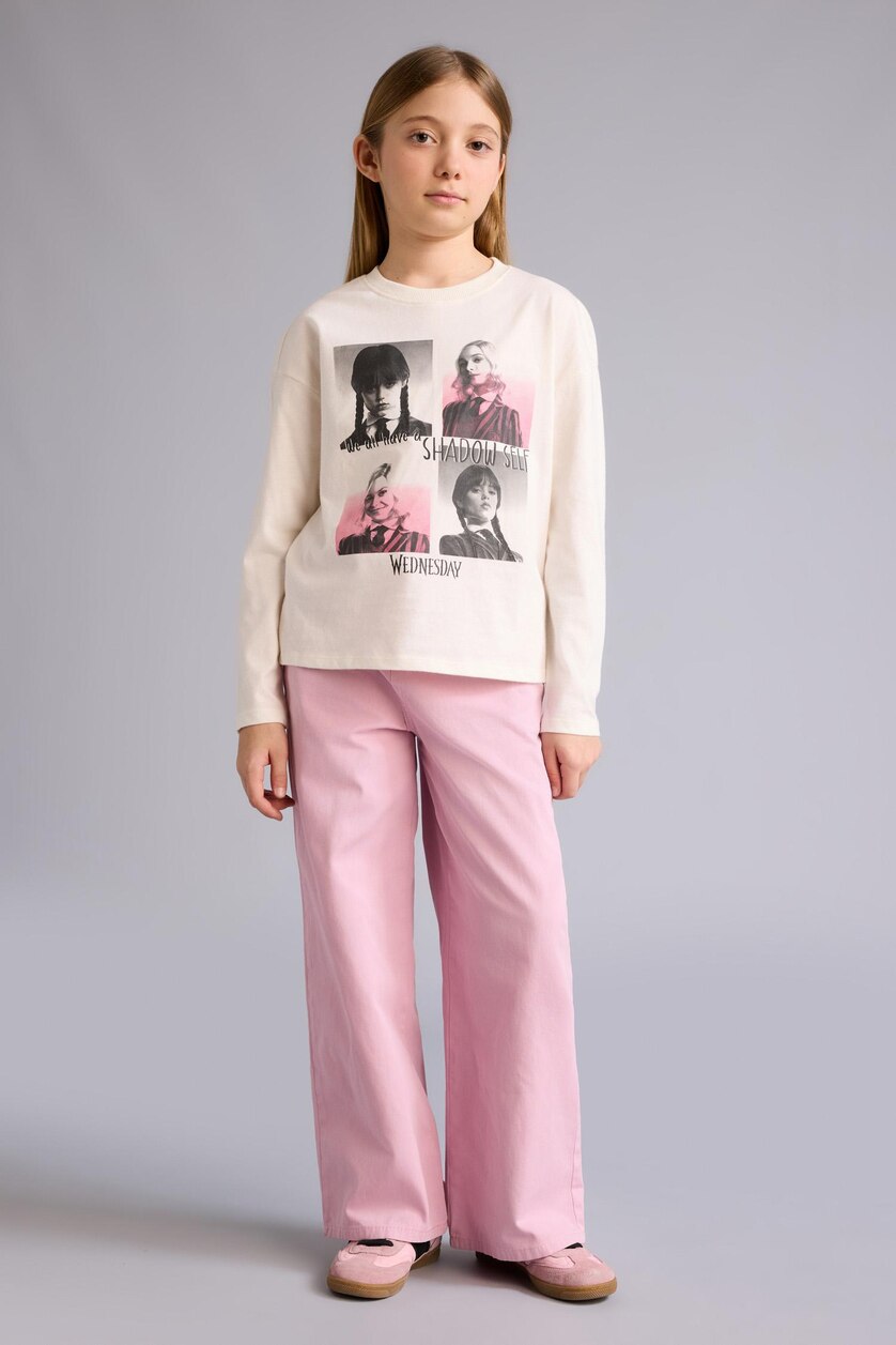 Young Girls - Teen Girls Ecru Girl Wednesday Loose Fit Crew Neck Long Sleeve T-Shirt
