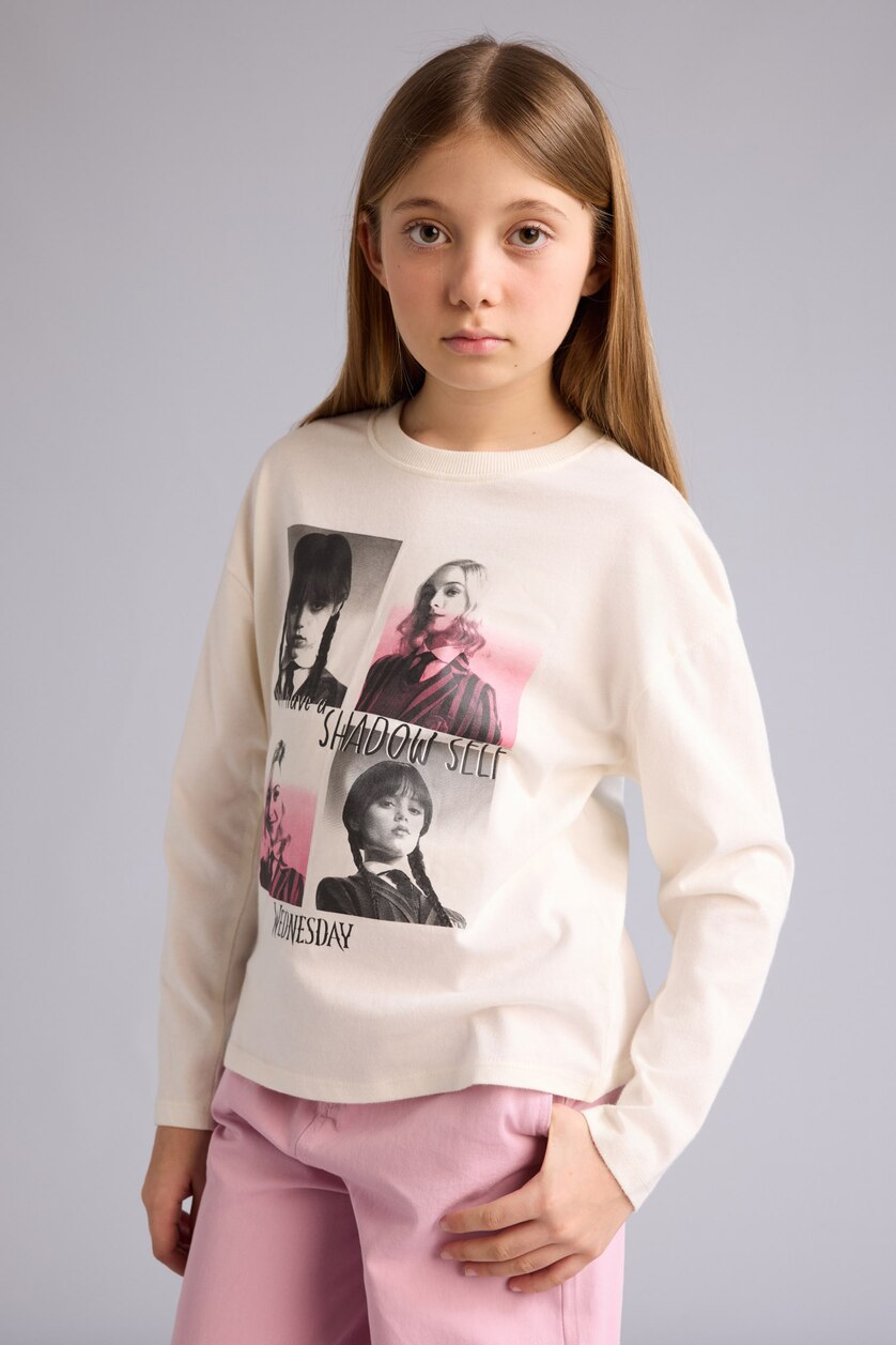 Young Girls - Teen Girls Ecru Girl Wednesday Loose Fit Crew Neck Long Sleeve T-Shirt