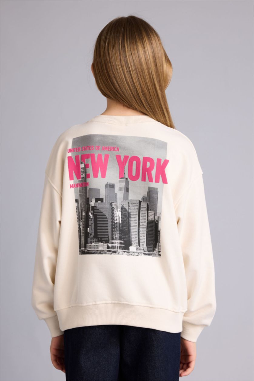 Kız Çocuk - Genç Kız Ekru Wednesday Loose Fit Bisiklet Yaka Uzun Kollu Tişört Kız Çocuk