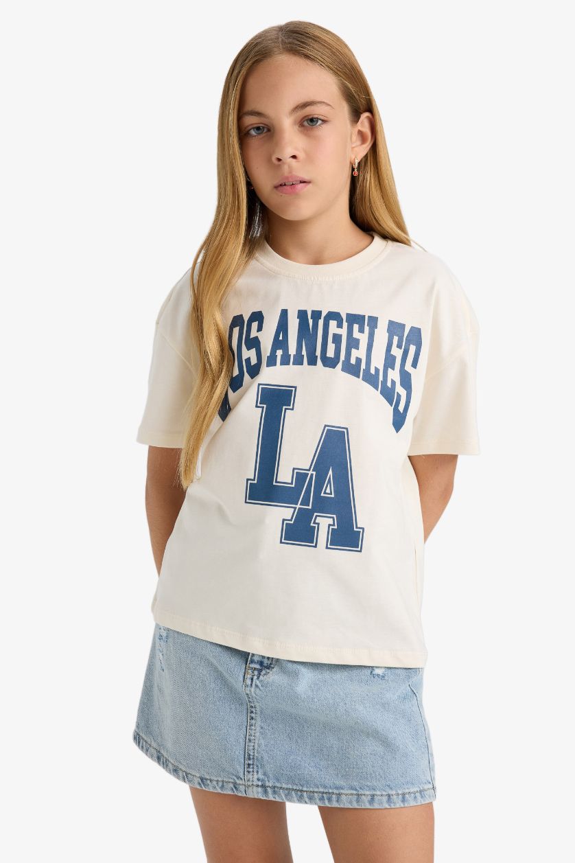 Girls & Teens Ecru Girl Relax Fit Crew Neck Printed Short Sleeve T-Shirt