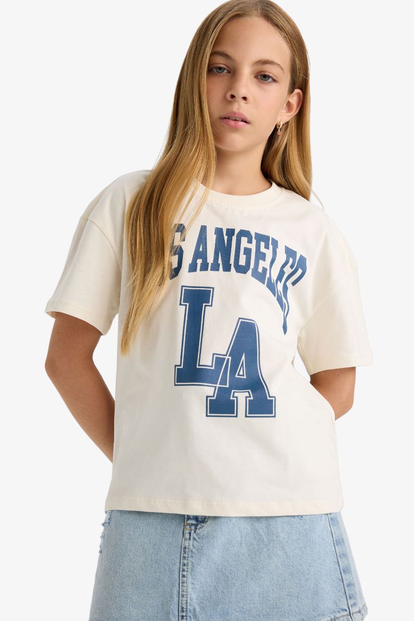 Girls & Teens Ecru Girl Relax Fit Crew Neck Printed Short Sleeve T-Shirt