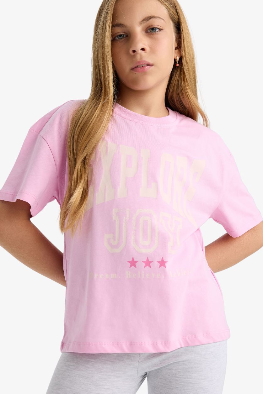 Girls & Teens Light Pink Girl Relax Fit Crew Neck Printed Short Sleeve T-Shirt
