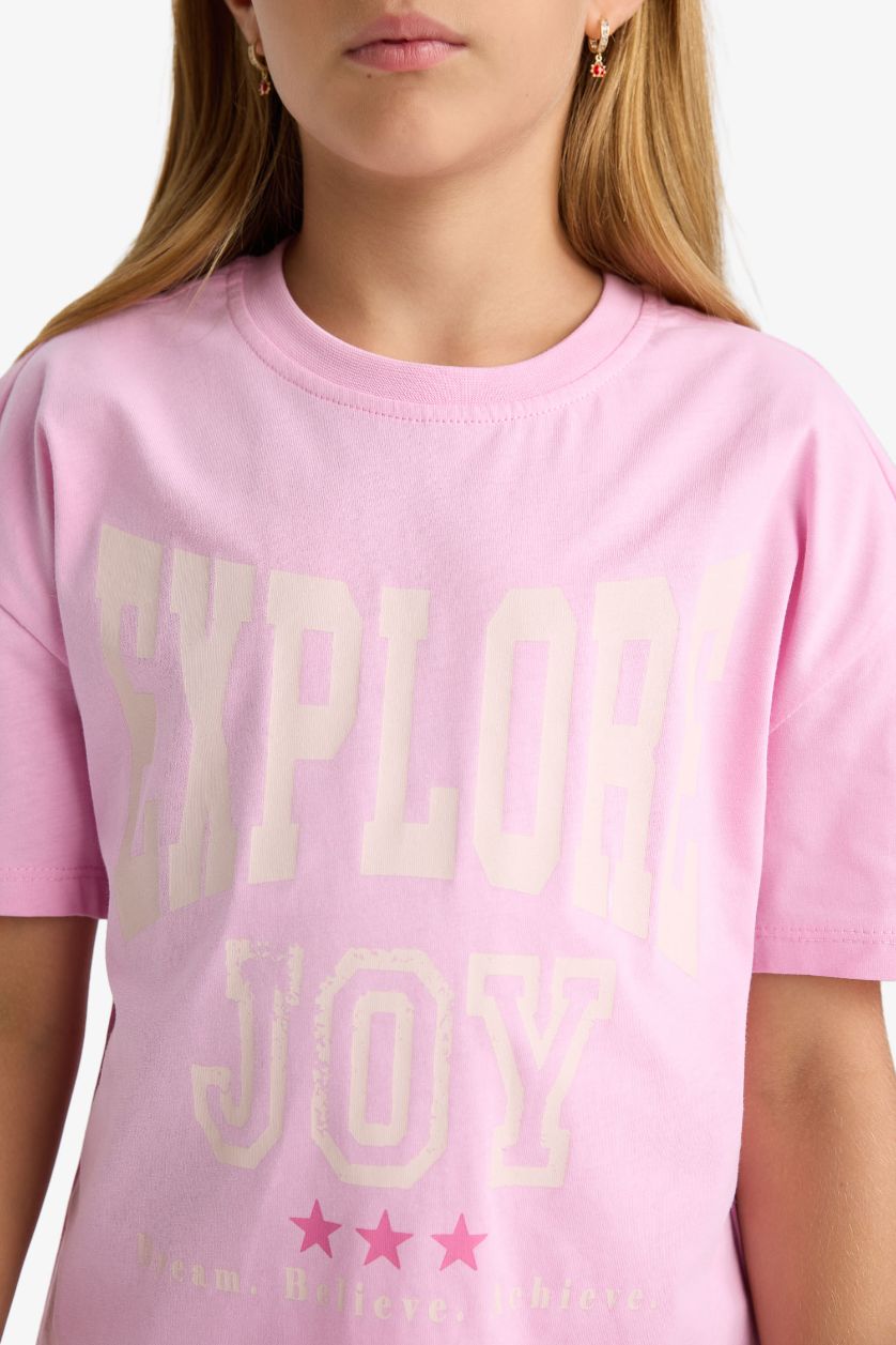 Girls & Teens Light Pink Girl Relax Fit Crew Neck Printed Short Sleeve T-Shirt