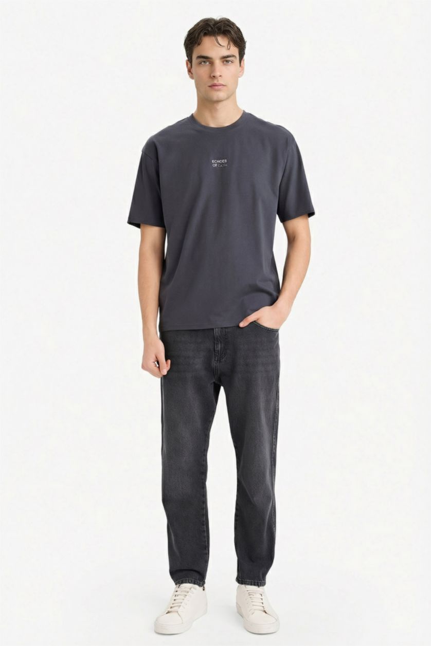 Erkek Antrasit %100 Pamuk Boxy Fit Baskılı Tişört