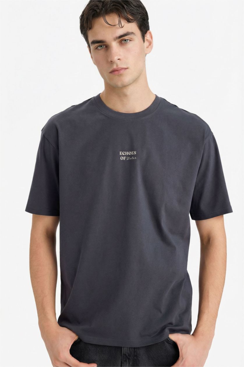 Erkek Antrasit %100 Pamuk Boxy Fit Baskılı Tişört