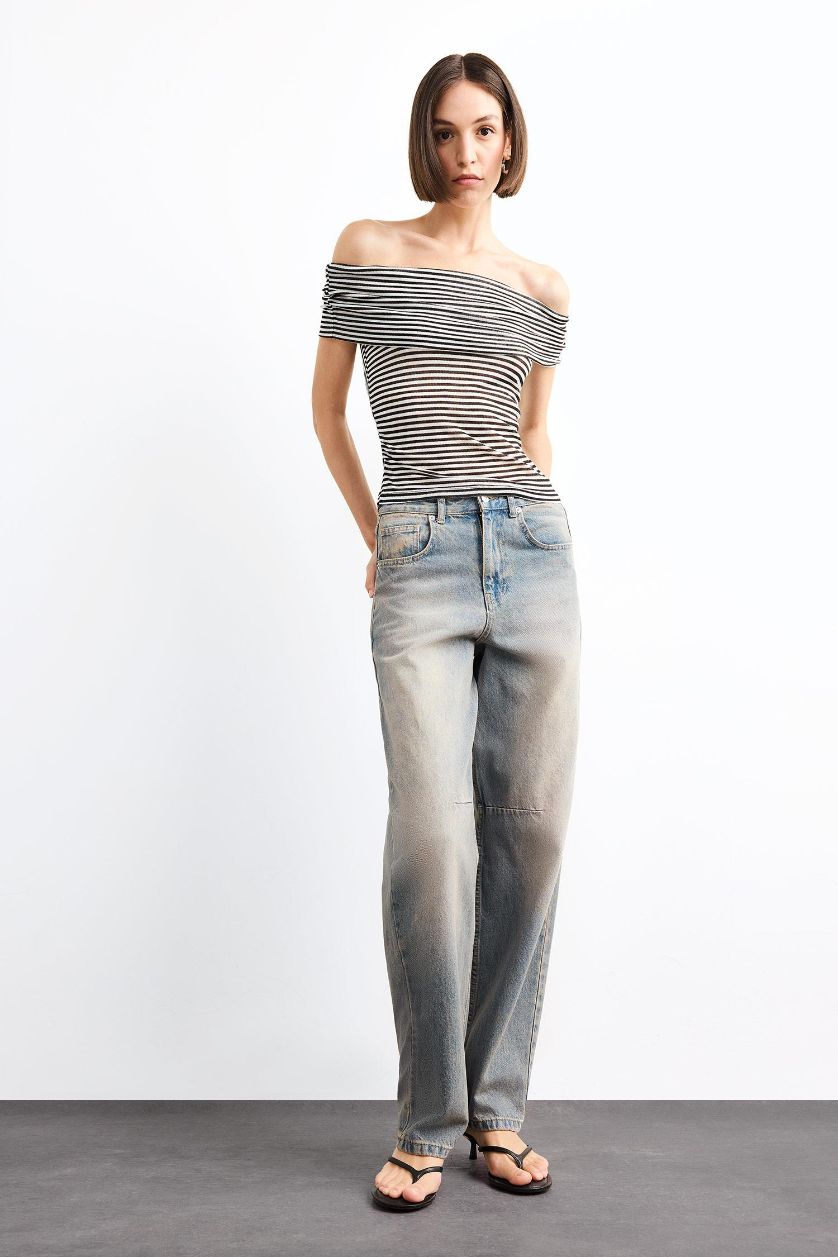 Woman Light Blue Baggy Fit Denim Trousers