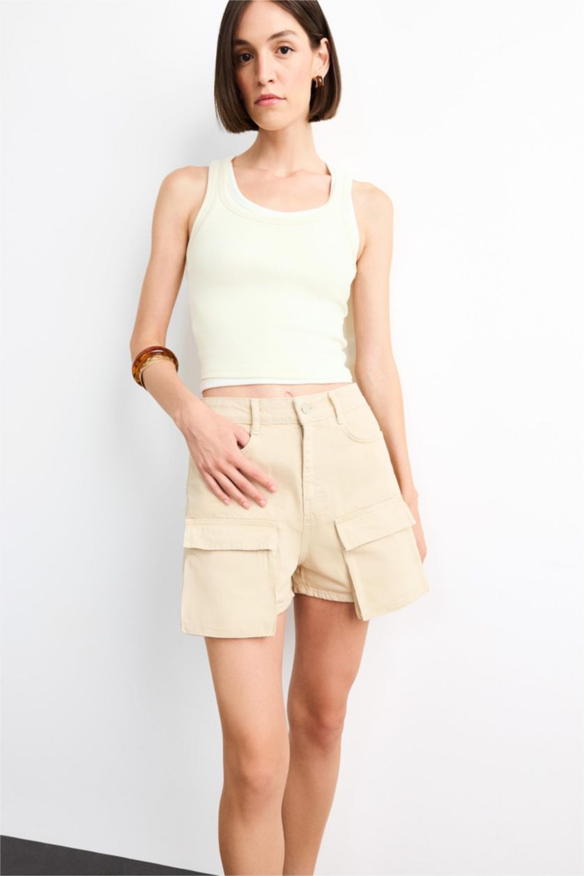 Kadın Ekru Cepli Jean Şort
