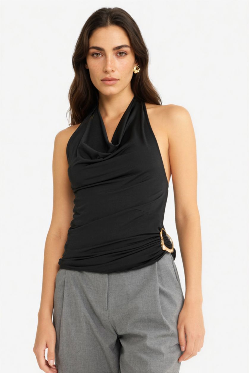 WOMAN Black Regular Fit Halter Neck Buckle Detail Blouse