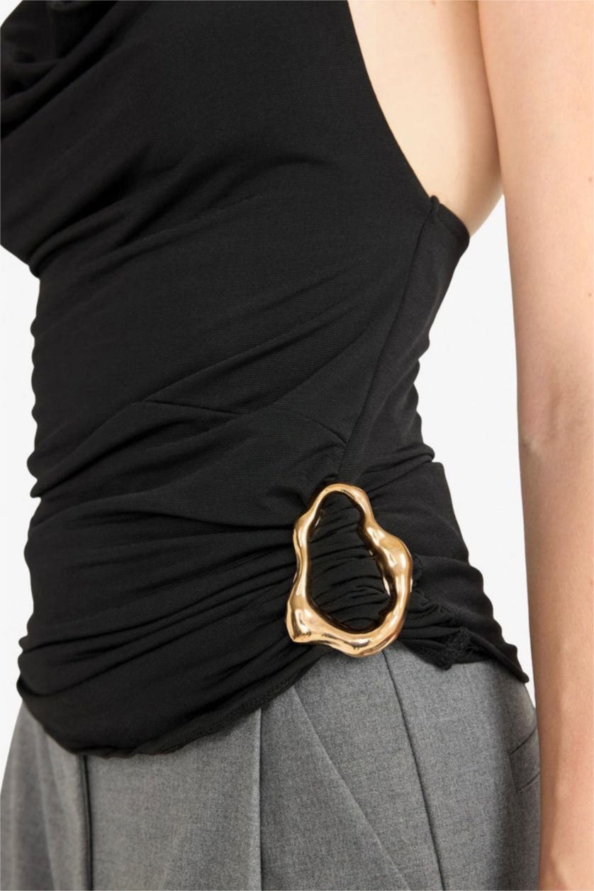 WOMAN Black Regular Fit Halter Neck Buckle Detail Blouse