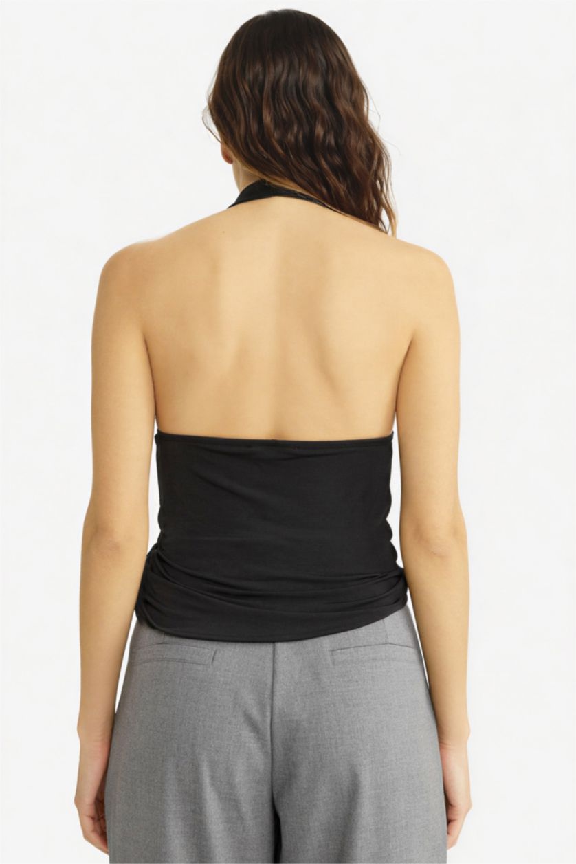 WOMAN Black Regular Fit Halter Neck Buckle Detail Blouse