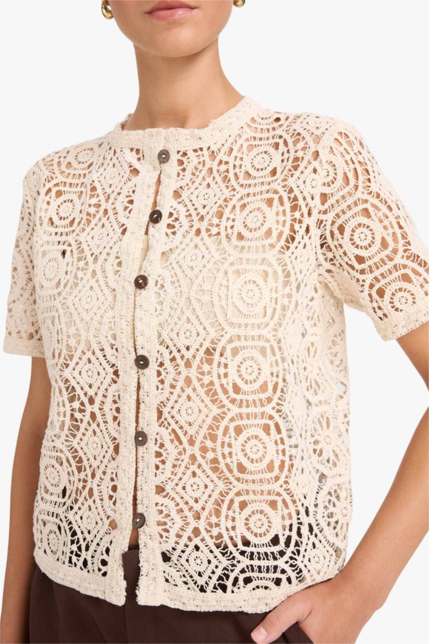 Woman Sand Regular Fit Crew Neck Embroidered Cardigan