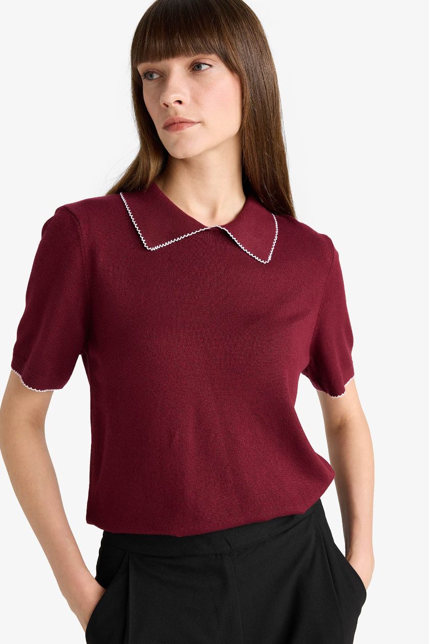 FEMME Bordeaux Pull en maille à col polo manches courtes Coupe régulière