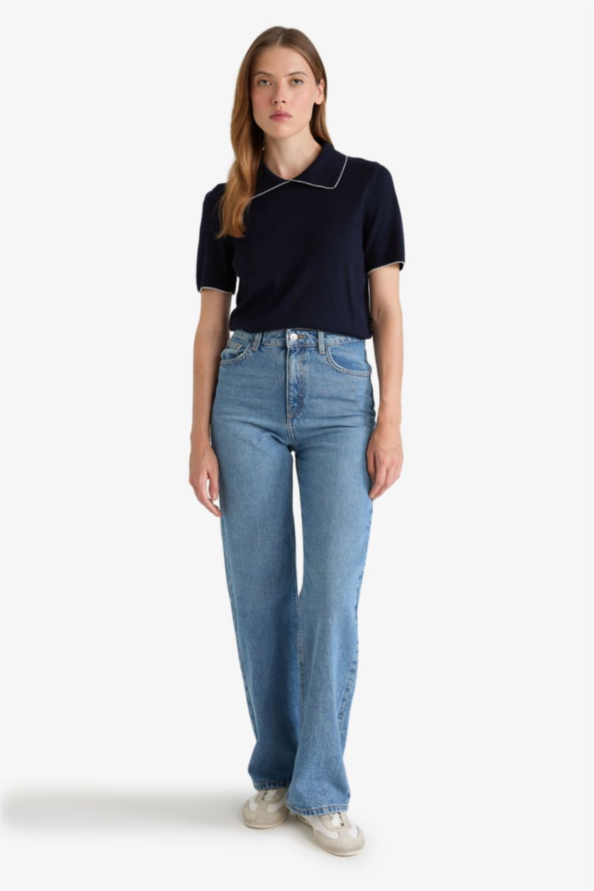 Kadın Lacivert Regular Fit Polo Yaka Kısa Kollu Triko Kazak