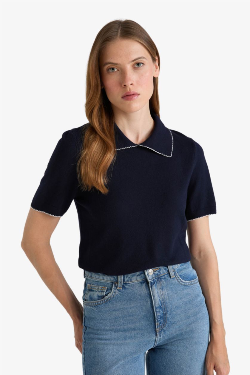 Kadın Lacivert Regular Fit Polo Yaka Kısa Kollu Triko Kazak