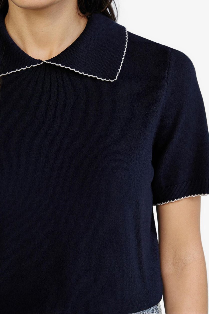 Kadın Lacivert Regular Fit Polo Yaka Kısa Kollu Triko Kazak