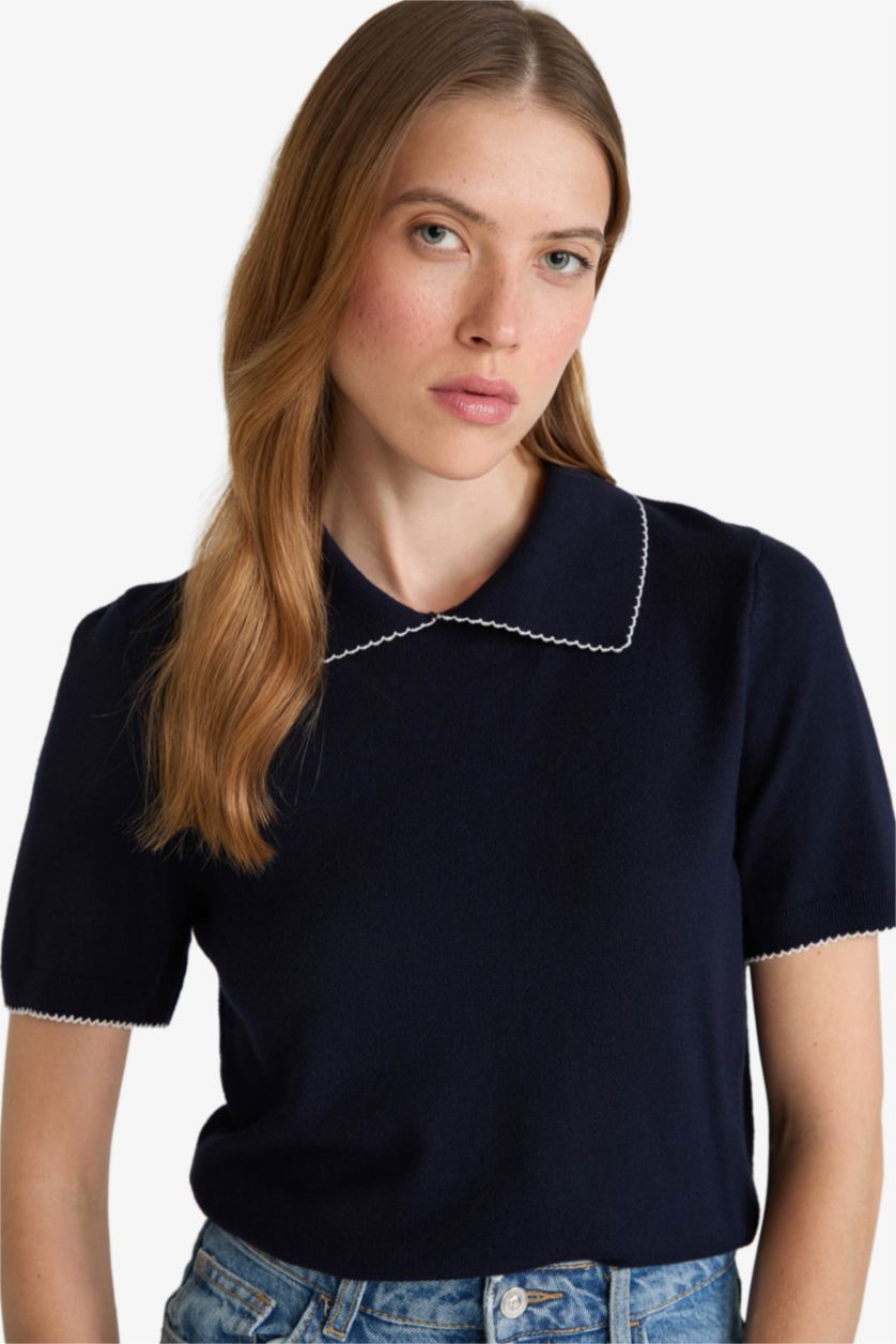 Kadın Lacivert Regular Fit Polo Yaka Kısa Kollu Triko Kazak