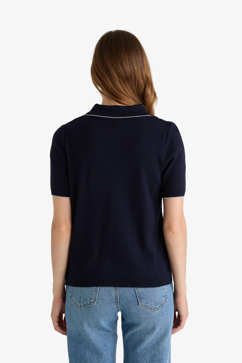 Kadın Lacivert Regular Fit Polo Yaka Kısa Kollu Triko Kazak