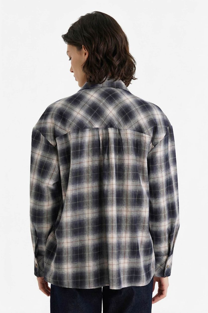 Kadın Lacivert Oversize Geniş Kalıp Kareli Flanel Uzun Kollu Gömlek