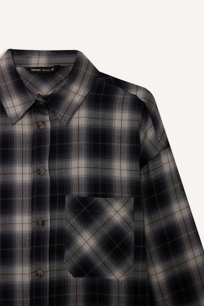 Kadın Lacivert Oversize Geniş Kalıp Kareli Flanel Uzun Kollu Gömlek