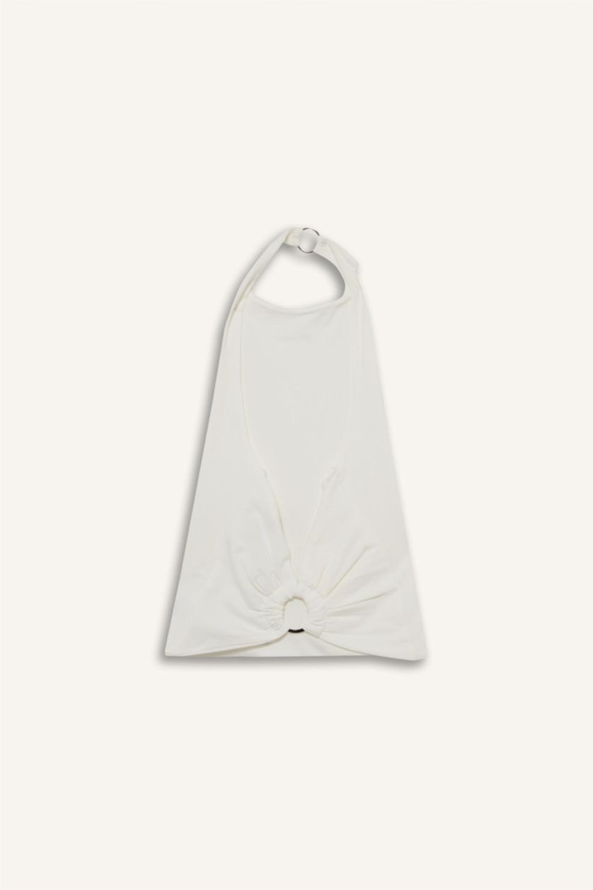 Kadın Beyaz Halter Yaka Sırtı Açık Toka Detaylı Bluz