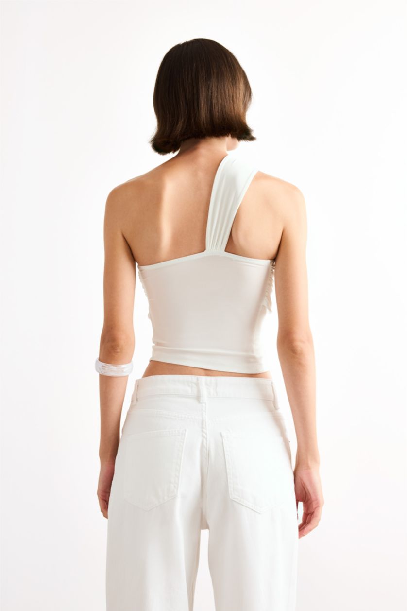 Женщины Белый Блузка на одно плечо с вырезом сердечком