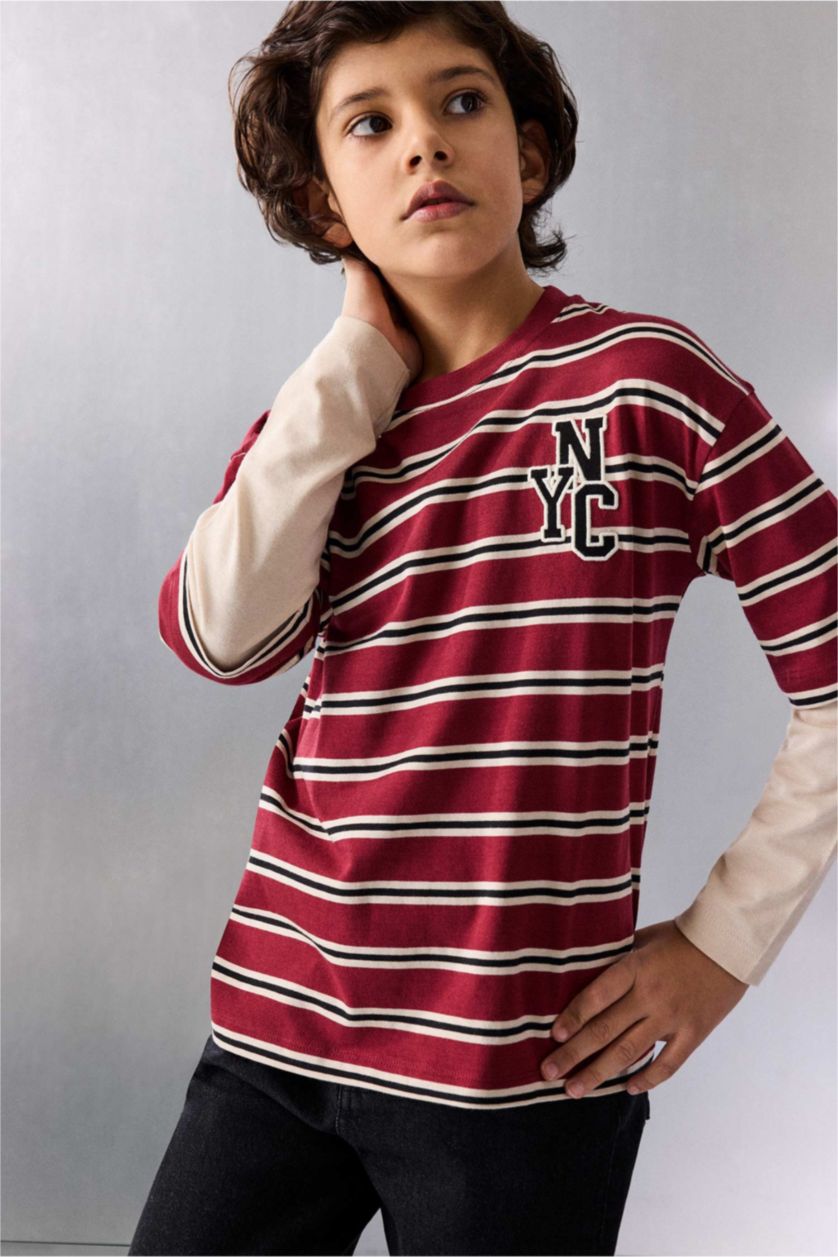 Erkek Çocuk - Genç Erkek Bordo Çizgili Baskılı Tişört Erkek Çocuk