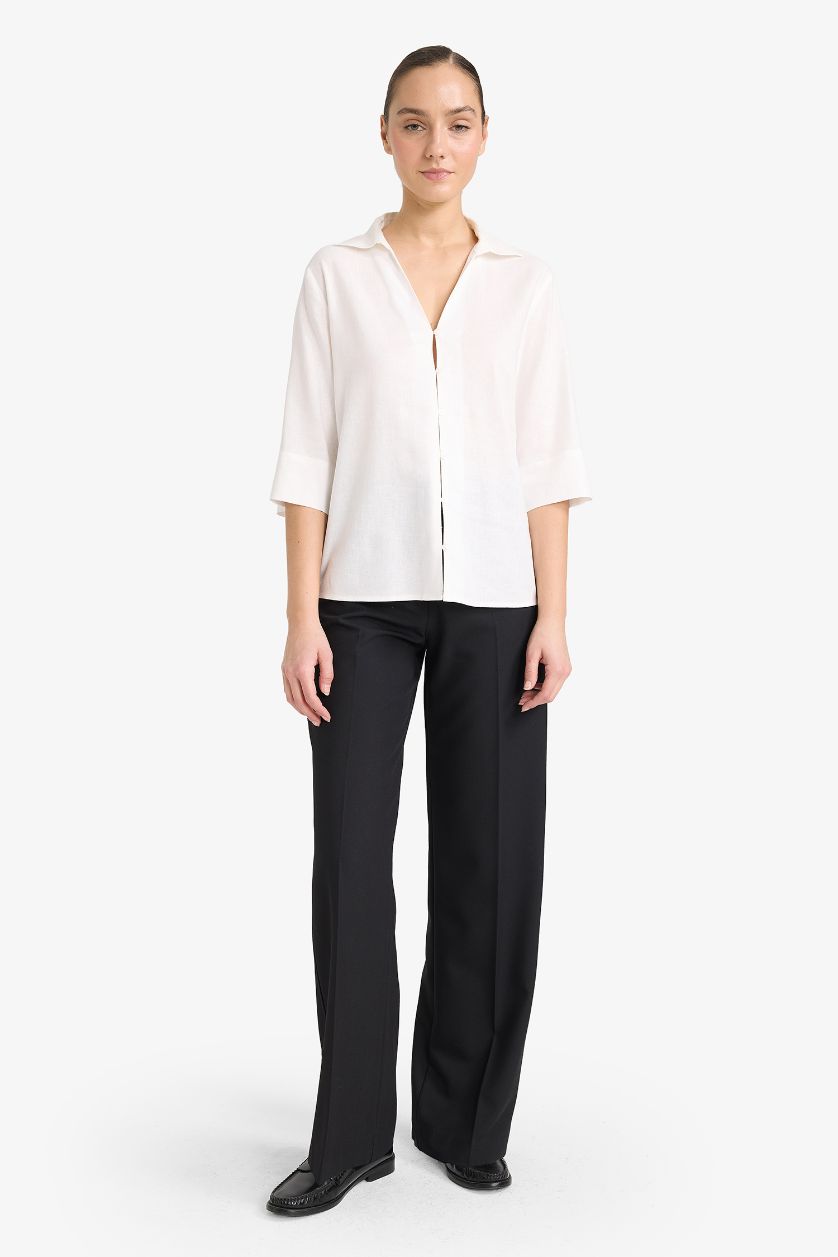 Woman White Regular Fit Flap Collar Linen Blended Short Sleeve Shirt