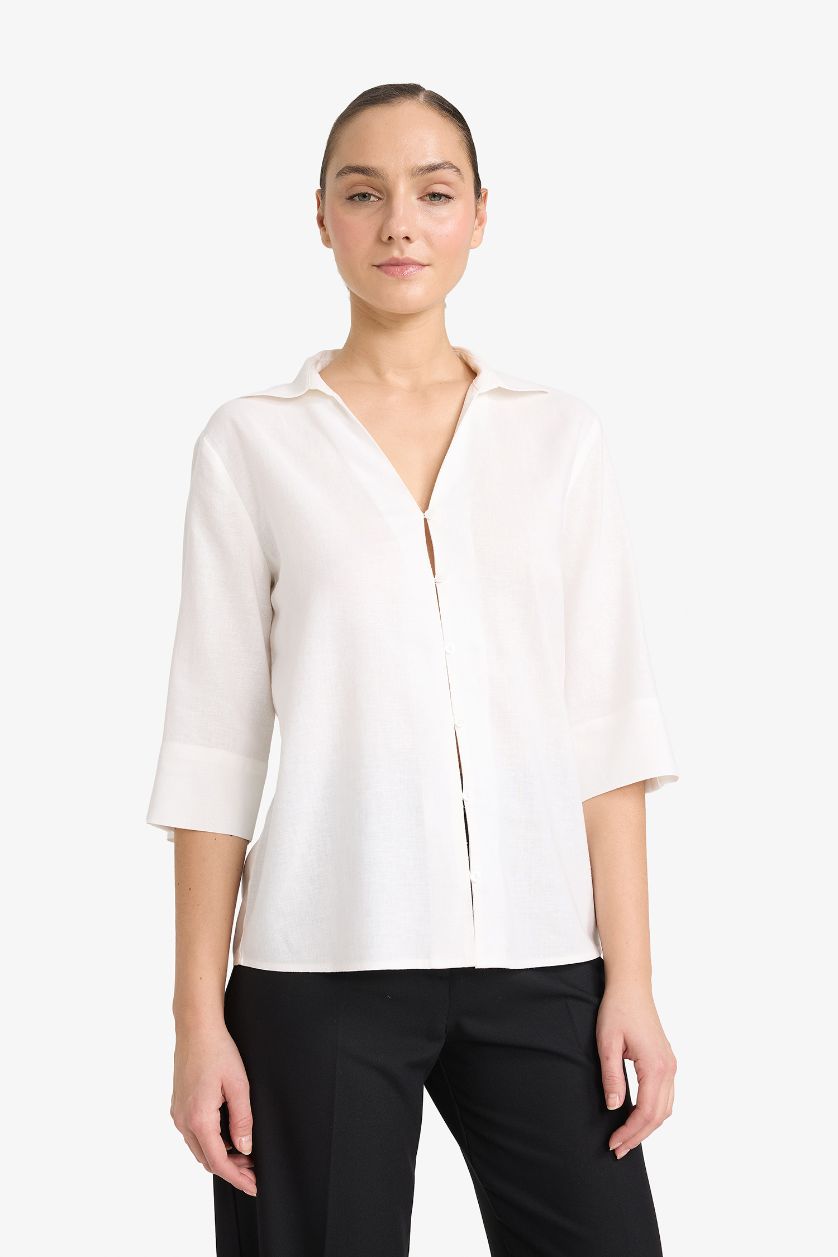 Woman White Regular Fit Flap Collar Linen Blended Short Sleeve Shirt