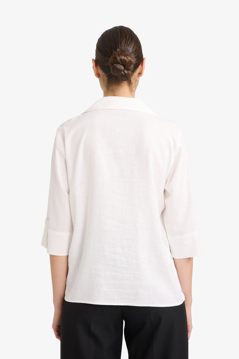 Woman White Regular Fit Flap Collar Linen Blended Short Sleeve Shirt