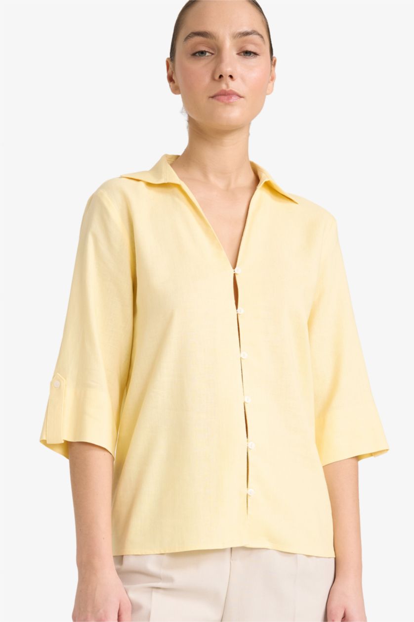 Woman Light Yellow Regular Fit Flap Collar Linen Blended Short Sleeve Shirt