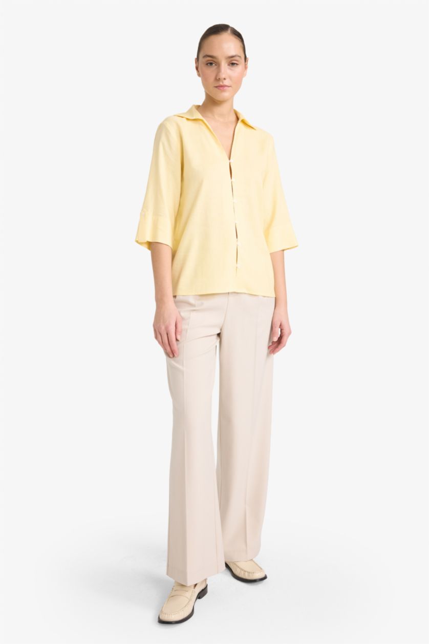 Woman Light Yellow Regular Fit Flap Collar Linen Blended Short Sleeve Shirt