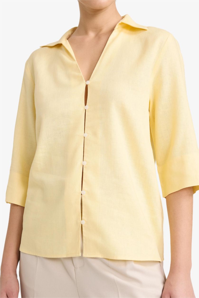 Woman Light Yellow Regular Fit Flap Collar Linen Blended Short Sleeve Shirt