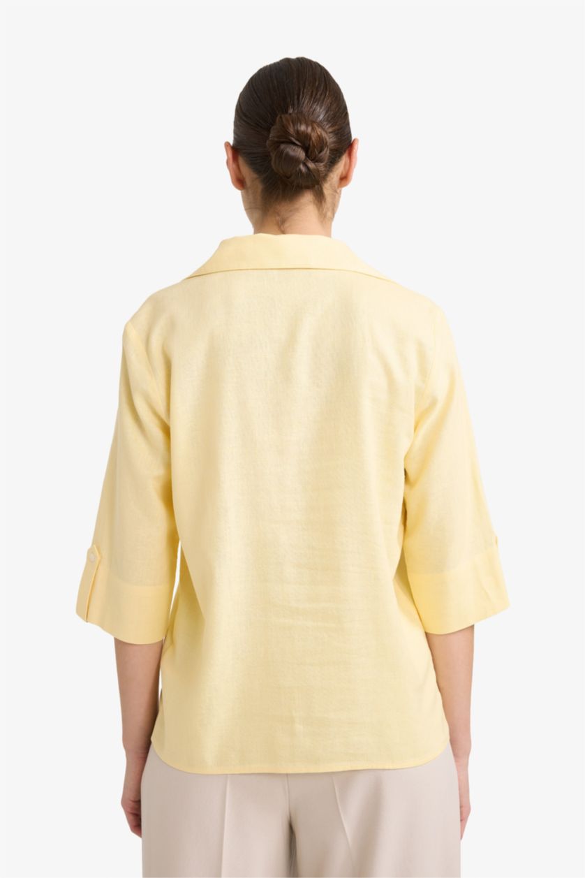 Woman Light Yellow Regular Fit Flap Collar Linen Blended Short Sleeve Shirt