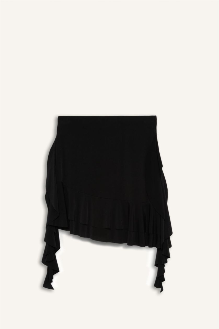 Woman Black A-Line Regular Waist Ruffle Detail Mini Skirt