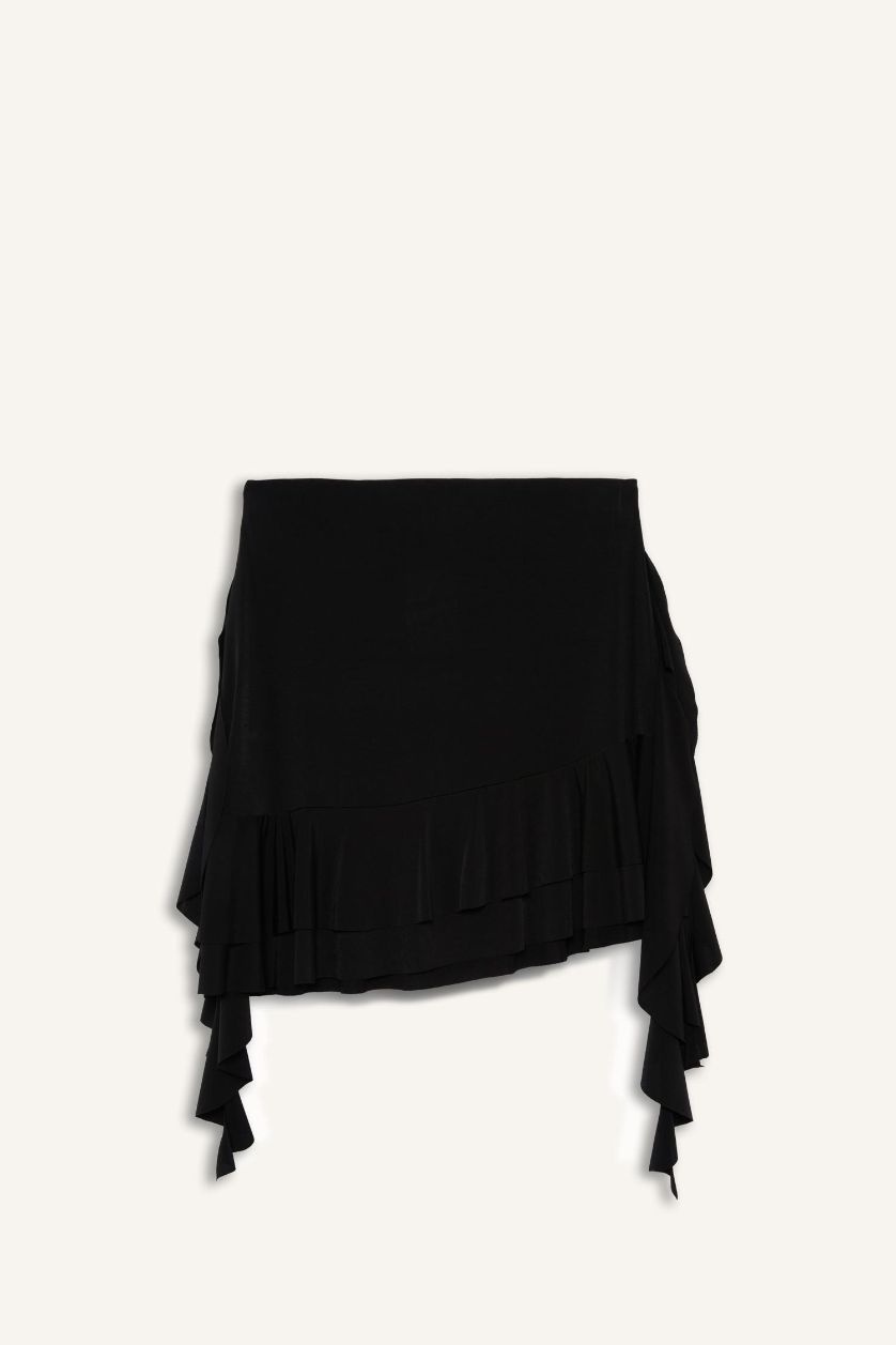 Woman Black A-Line Regular Waist Ruffle Detail Mini Skirt
