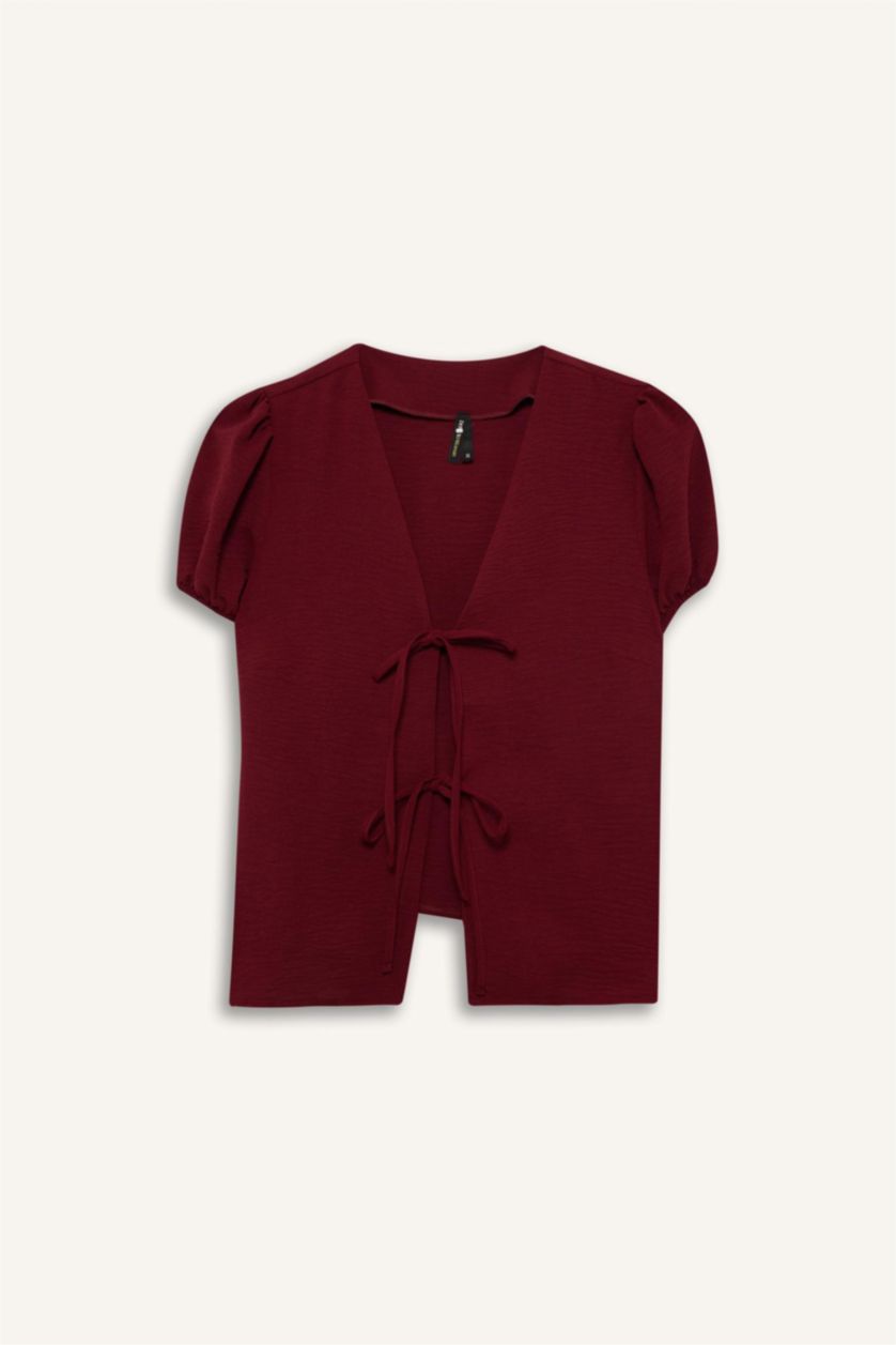 Kadın Bordo Regular Fıt Aerobin Kısa Kollu Bluz