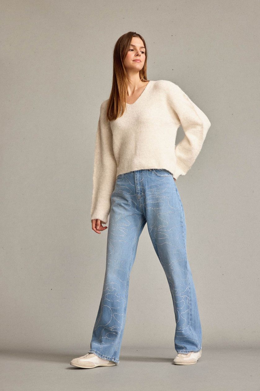 Kadın Açık Mavi %100 Pamuk Baggy Fıt Yüksek Bel Jean Pantolon