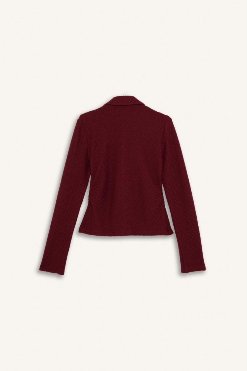 نساء خمري قميص كم طويل القماش المنسوج سليم فيت بياقة قميص